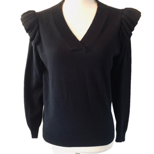Black V-Neck Sweater Shoulder Ruffle size medium by Truth